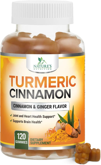 Turmeric Curcumin with Cinnamon & Ginger Gummies 95% Curcuminoids Black Pepper for Max Absorption Joint Support, Nature's Tumeric Herbal Extract Supplement Gummy Capsules, Vegan, Non-GMO - 60 Gummies