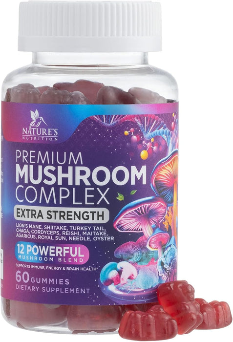 Mushroom Supplement Gummy - 12 in 1 Mushroom Complex with Lions Mane, Reishi, Cordyceps, Chaga & Turkey Tail, Immune Support & Nootropic Supplements for Memory, Brain, Energy & Focus