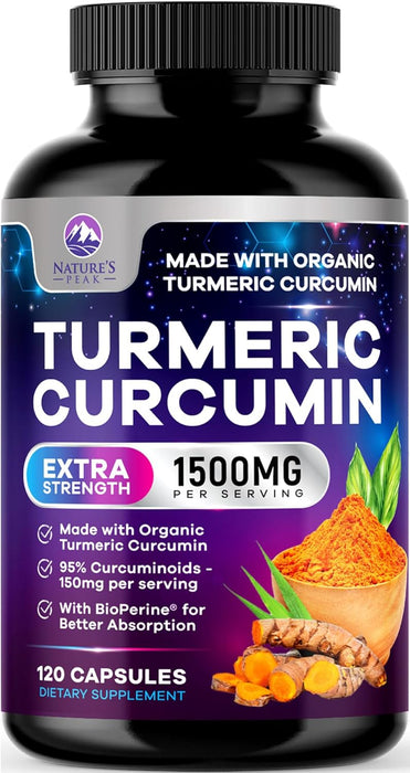Turmeric Curcumin Supplement with Organic Turmeric - 95% Curcuminoids & BioPerine Black Pepper for High Absorption, Nature's Vegan Joint Support, 1500mg Tumeric Non-GMO, Bottled in USA