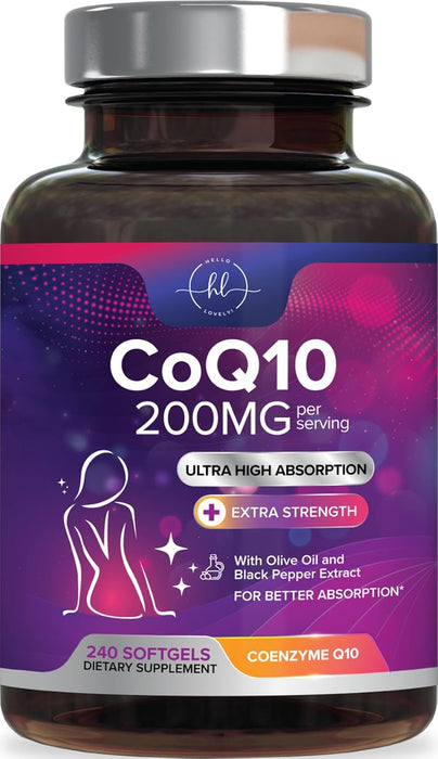 CoQ10 200mg Softgels - Ultra High Absorption, Antioxidant for Heart Health & Energy Production Support - Coenzyme Q10 (Ubiquinone) Co Q 10 Supplement and Vitamins 100mg Each - Non GMO