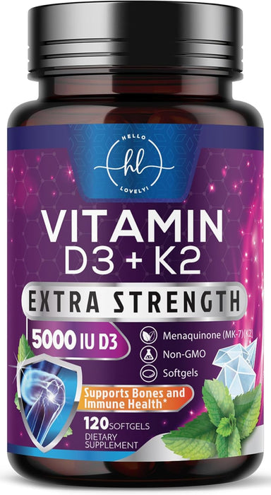 Vitamin D3 K2 Supplement - 5000 IU D3 & 100mcg K2 (MK7) 2-in-1 Vitamin D & K Complex for Calcium Absorption, Bone, Teeth, Heart & Immune Support, Easy to Swallow, Non-GMO & Gluten Free