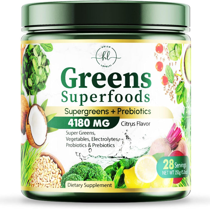Hello Lovely! Greens Blend Superfood - Super Greens Powder Smoothie Mix, Energy & Digestive Health Support w/Probiotics, Organic Spirulina, Chlorella, Beet Root, Vegan Green Powder - 28 Servings