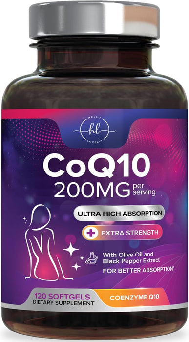 CoQ10 200mg Softgels - Ultra High Absorption, Antioxidant for Heart Health & Energy Production Support - Coenzyme Q10 (Ubiquinone) Co Q 10 Supplement and Vitamins 100mg Each - Non GMO