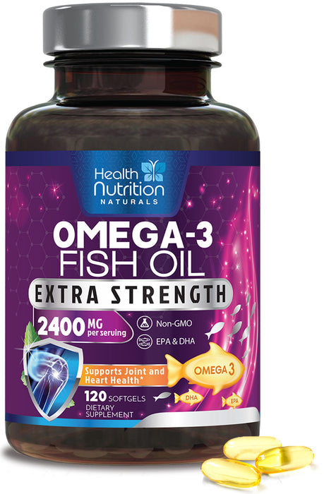 Health Nutrition Naturals Omega-3 Fish Oil Supplement, Triple Strength 2400mg High EPA 864mg and DHA 288mg for Natural Heart Support and Brain Support, Wild Caught Non-GMO, Lemon Flavor