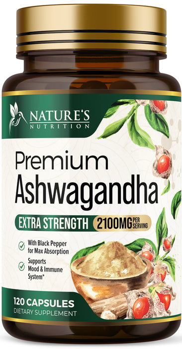 Nature's Nutrition Organic Ashwagandha Capsules Extra Strength 2100mg - Stress Support Formula - Natural Mood Support - Focus & Energy Support Supplement