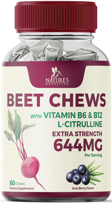 Beet Chews - Extra Strength Beet Root Chewables with Grape Seed Extract Supports Heart Health & Energy with Powerful Antioxidants - Nature's Beetroot Nitric Oxide Supplement - 60 Vegan Soft Chews