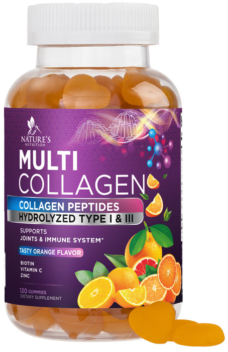 Collagen Gummies with Biotin - Hydrolyzed Collagen Peptides Supplement Types I and III - Support for Hair, Skin, Nails and Joints - Gluten Free and Non-GMO - Orange Flavored Gummy Vitamins