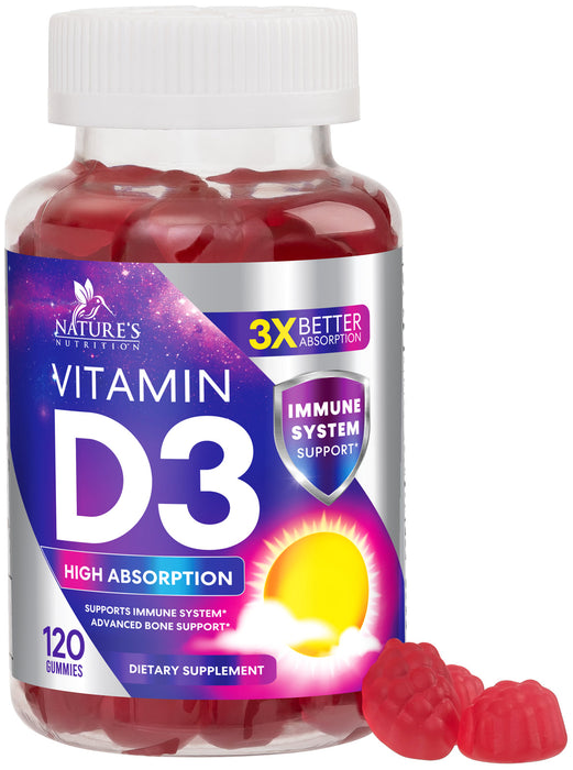 Vitamin D3 Gummy Vitamins Extra Strength 5000 IU (125 mcg) High Potency Vita D Gummies Dietary Supplement - Bone, Teeth, Muscle & Immune Support, Nature's Vitamin D Supplement, Non-GMO