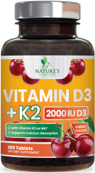 Vitamin D3 K2, Max Absorption 2000 IU (50 mcg) Vitamin D K2 MK-7 Complex for Bone Strength, Teeth, Muscle, Heart & Immune Health Support, Nature's Supplements, Easy to Swallow