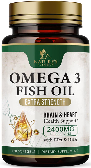 Fish Oil 2400 mg with Omega 3 EPA & DHA - Triple Strength Omega 3 Supplement - Omega 3 Fish Oil Supports Heart Health, Nature's Brain & Immune Support - Non-GMO Fish Oil Supplements