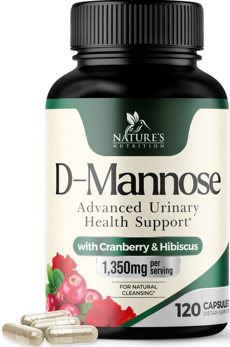 D-Mannose & Cranberry Extract 1350mg Advanced Formula, Fast-Acting Natural Urinary Tract Health Support for Women & Men, Flush Impurities in Urinary Tract & Bladder, Non-GMO, Vegan
