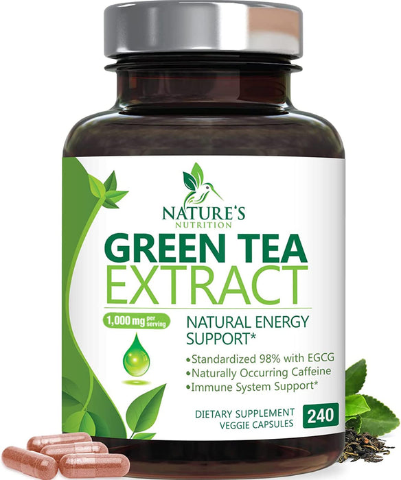 Green Tea Extract Capsules 1000mg 98% Standardized EGCG - 3X Strength for Natural Energy - Heart Support with Polyphenols - Gentle Caffeine