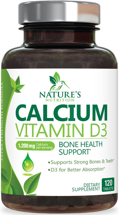 Calcium 1200 mg Plus Vitamin D3, Bone Health & Immune Support - Nature's Calcium Supplement with Extra Strength Vitamin D for Extra Strength Carbonate Absorption
