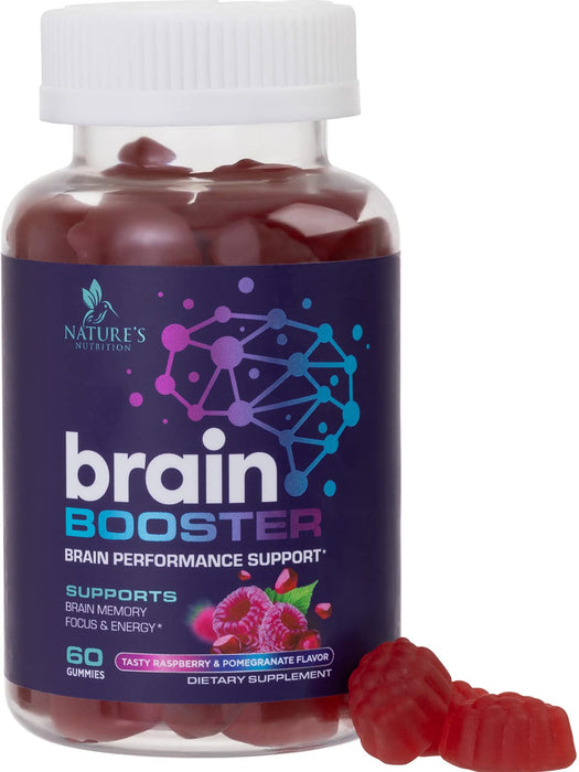 Nature's Nutrition Brain Supplement Gummy for Memory, Focus & Concentration Support Gummies Plus Nootropics, Phosphatidylserine & Vitamins B6 & B12 - Caffeine Free Nootropic Brain Health - 60 Gummies