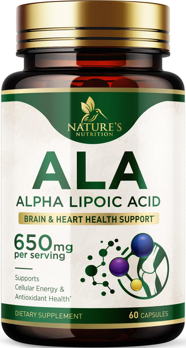 Alpha Lipoic Acid 600mg Plus - Pure ALA Supplement Non-GMO & Gluten Free, Supports Cellular Energy & Antioxidant Health, Extra Strength Lipoic Acid 650mg, Brain & Heart Support - 60 Capsules