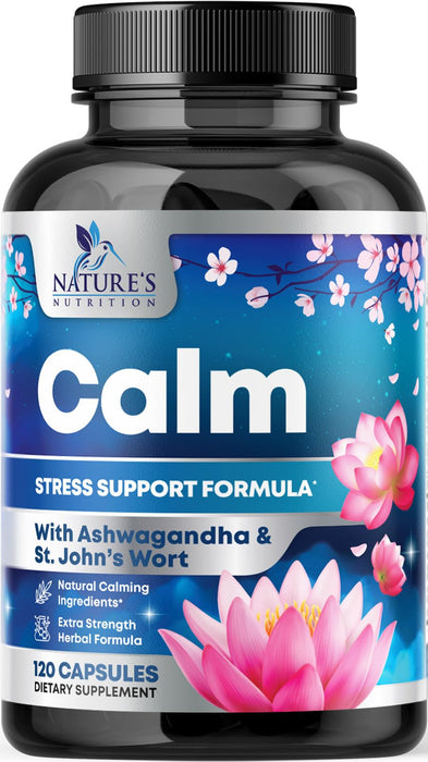 Nature's Nutrition Calm & Stress Support Supplement - with Magnesium, Ashwagandha, 5-HTP, L-Theanine, GABA - Natural Stress & Immune Support to Relax, Focus, Unwind - Vegan & Non-GMO