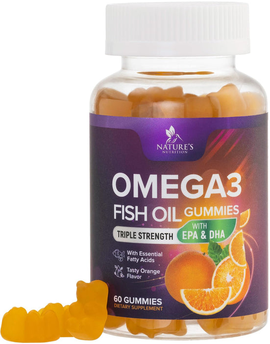 Omega 3 Fish Oil Gummies for Adults, Heart Healthy Omega 3 Supplement Gummies with DHA & EPA, Extra Strength Joint & Brain Support Omega3 Fish Oil Gummy Vitamin, Orange Flavor - 60 Fish Oil Gummies