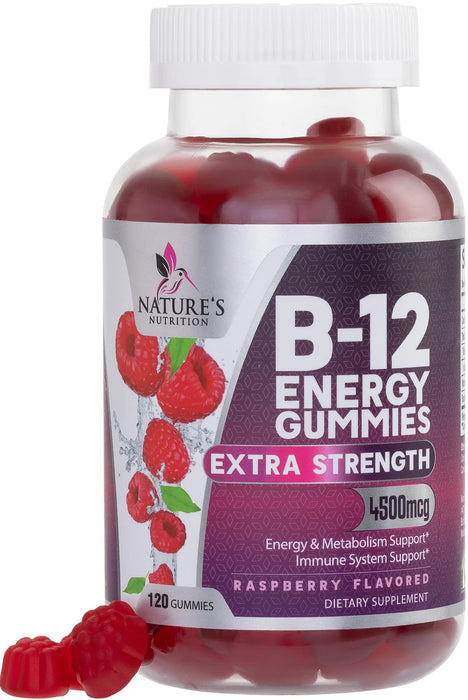 Nature's Nutrition Vitamin B12 Energy Gummies 4500 mcg for Metabolism & Nervous System Health Support, Berry Flavor Gummy B-12 Chewable Supplement for Men & Women, Caffeine Free, Vegan