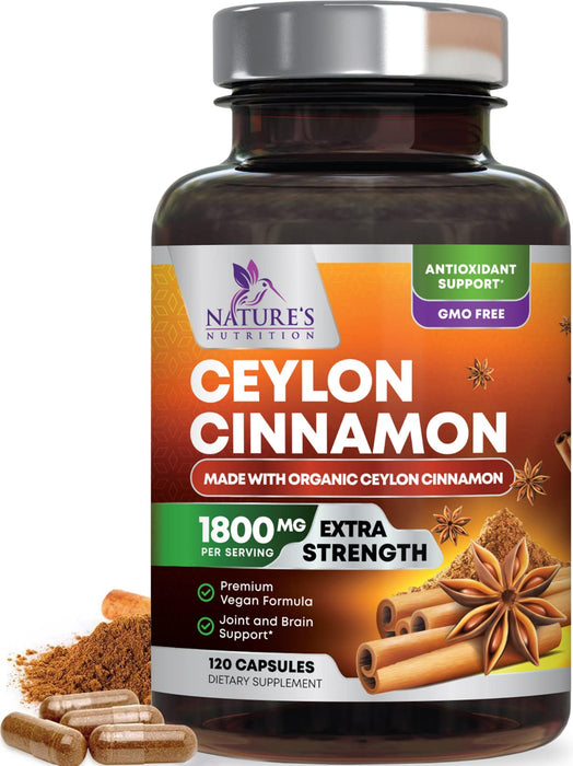 Pure Cinnamon Capsules, Certified Organic Ceylon Cinnamon Pills, Non-GMO, Gluten-Free, Dairy-Free, Sri Lanka Cinnamon Powder Supplement, Best Vegan True Cinnamomum Vitamins, Sugar Free