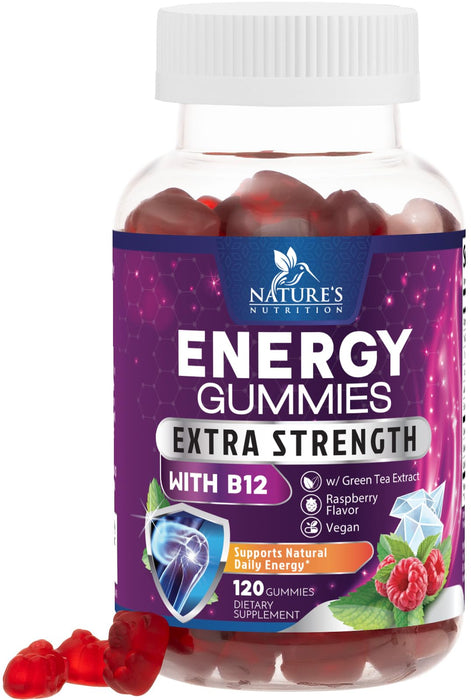Energy Gummies Vitamin B12, Green Tea and Guarana Extract, Daily Energy Vitamin Supplement, Delicious Raspberry Flavor Gummy Chewable Supplement for Men and Women, Non-GMO and Vegan