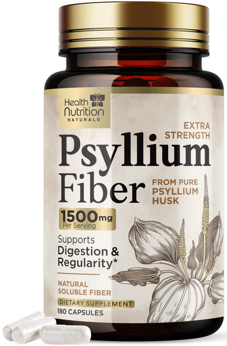 Fiber Supplement Psyllium Husk Caps 1500mg - Plant Based, High Absorption, Natural Soluble Fiber Supplements Non-GMO, Gluten Free Digestive Health & Intestinal Support, Psyllium Fiber - 180 Capsules