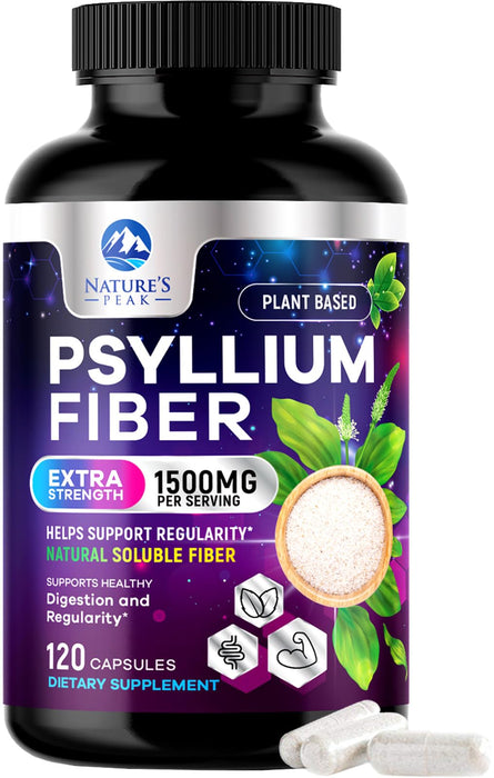 Psyllium Fiber Supplement 1500mg - Non-GMO, Natural Soluble Fiber for Daily Digestive Health & Regularity Support, Prebiotic Psyllium Husk Powder Caps with Plant Based Fiber, Sugar Free