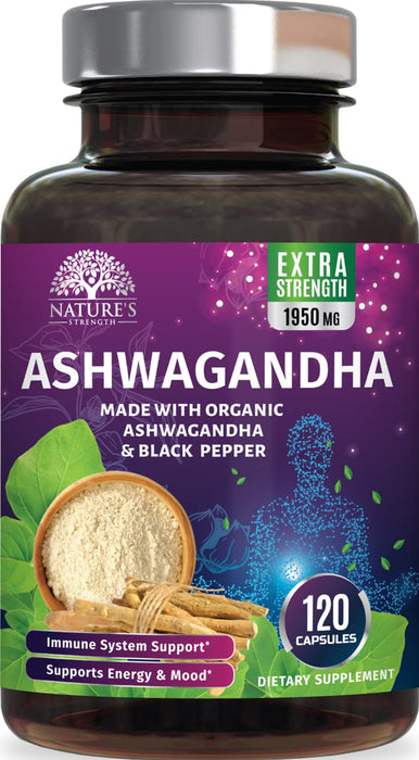 Organic Ashwagandha 1950 mg - Certified Organic Ashwagandha Supplements, Stress & Mood Support, Extra Strength Ashwaganda Capsules, Nature's Vegan Ashwaghanda, Non-GMO & Gluten Free