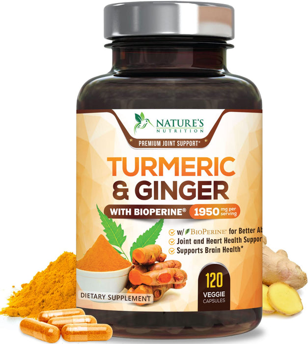 Turmeric Curcumin with BioPerine & Ginger 95% Standardized Curcuminoids 1950mg Black Pepper for Max Absorption Joint Support, Nature's Tumeric Herbal Extract Supplement, Vegan, Non-GMO