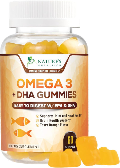 Omega 3 Fish Oil Gummies, Heart Healthy Omega 3s with DHA & EPA, Extra Strength Joint & Brain Support, Omega 3 Fish Oil Supplement Nature's Gummy Vitamin for Men & Women, Orange Flavor