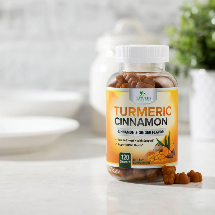 Turmeric Curcumin with Cinnamon & Ginger Gummies 95% Curcuminoids Black Pepper for Max Absorption Joint Support, Nature's Tumeric Herbal Extract Supplement Gummy Capsules, Vegan, Non-GMO - 60 Gummies