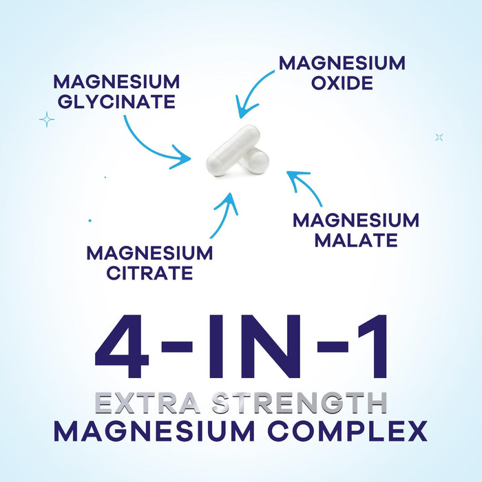 Magnesium Complex Supplement 500 mg - 5 in 1 High Absorption Chelated Magnesium Glycinate, Malate, Citrate, Oxide, Aquamin - Non-GMO Magnesio Capsules, Bone Muscle & Heart Health Support, 60 Capsules