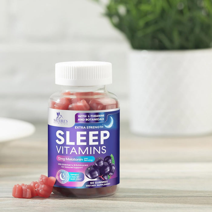 Sleep Vitamins - Fast Acting & Non-Habit Forming Sleep Gummy Supplement for Adults - Fall Asleep Naturally with 12mg Melatonin, Chamomile & Zinc, Restful Sleep & Muscle Support - 60 Gummies