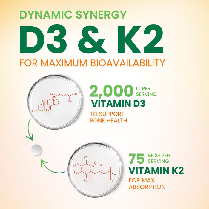 Vitamin D3 K2 2000 IU Plus with K2 (MK-7) 75 mcg - Vitamins D & K Complex Supplement for Bone, Teeth, Muscle, Calcium Absorption, Supports Immune & Heart Health, Non-GMO Chewable Formula - 180 Tablets
