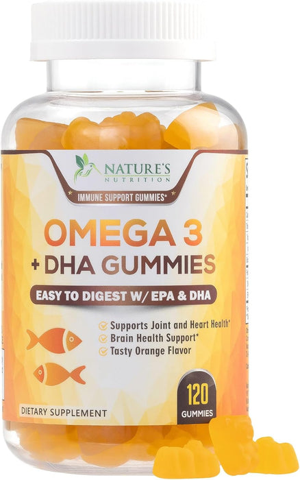 Omega 3 Fish Oil Gummies, Heart Healthy Omega 3s with DHA & EPA, Extra Strength Joint & Brain Support, Omega 3 Fish Oil Supplement Nature's Gummy Vitamin for Men & Women, Orange Flavor