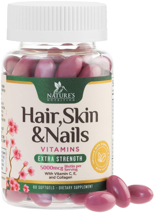 Hair Vitamins Biotin 5000 mcg Collagen for Hair Skin and Nails Vitamin Nature's – 60 Softgels