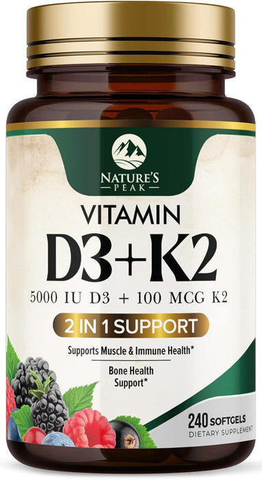 D3 K2 Vitamin 5000 IU | 2-in-1 Vitamin D 5000iu & Mk7 Vitamin K 100 mcg Dietary Supplement for Bone & Immune Support, Bottled in USA, Easy to Swallow, Gluten Free, Non-GMO
