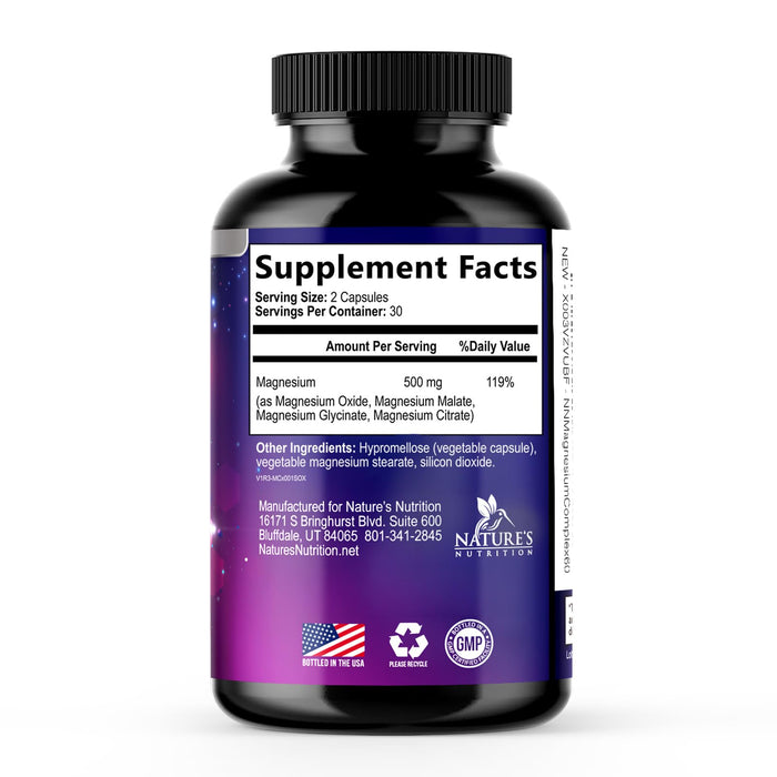 Magnesium Complex Supplement 500 mg - 5 in 1 High Absorption Chelated Magnesium Glycinate, Malate, Citrate, Oxide, Aquamin - Non-GMO Magnesio Capsules, Bone Muscle & Heart Health Support, 60 Capsules