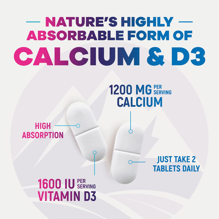 Calcium 1200 mg with Vitamin D3, Calcium Supplement Vitamins, Bone, Teeth & Immune Health Support, Calcium Supplements with D for Women & Men, Nature's Absorbable Calcium Carbonate - 180 Tablets