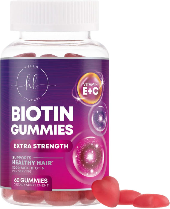 Hello Lovely! Hair Growth Vitamins Gummy with Biotin 5000 mcg Vitamin E & C, Hair Gummies for Keratin & Hair Growth Support, Hair, Skin & Nails Biotin Vitamin Supplement, Non-GMO