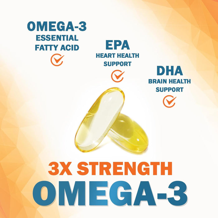 Omega 3 Fish Oil 2400 mg – Triple Strength EPA & DHA Fatty Acids for Heart, Brain & Joint Support – Wild-Caught, Burpless, Lemon Flavor Supplement – Natural, Non-GMO, Gluten-Free – 120 Softgels