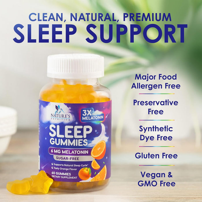 Sleep Melatonin Gummies for Adults Sugar Free - Natural Melatonin Sleep Gummy, Extra Strength Gummy Supplements, Sleep Support Vitamin Supplement, Vegan, Gelatin Free, 6mg, Sleep Gummies - 60 Gummies