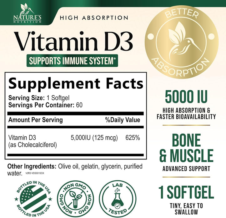 Vitamin D3 Supplement 5000IU (125 mcg) - Extra Strength Vitamins D-3 Dietary Softgels for Bone, Teeth, Muscle Health & Immune Support, Rapid Absorbtion Mini D Softgel, Non-GMO, Gluten Free - 60 Count