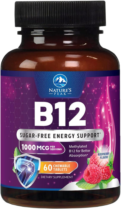 Vitamin B12 1000 mcg (Methylcobalamin) Super B 12 Complex Dietary Supplement For Energy & Immune Support, Vegan, Sugar-Free, Sublingual, Tasty Raspberry Flavor