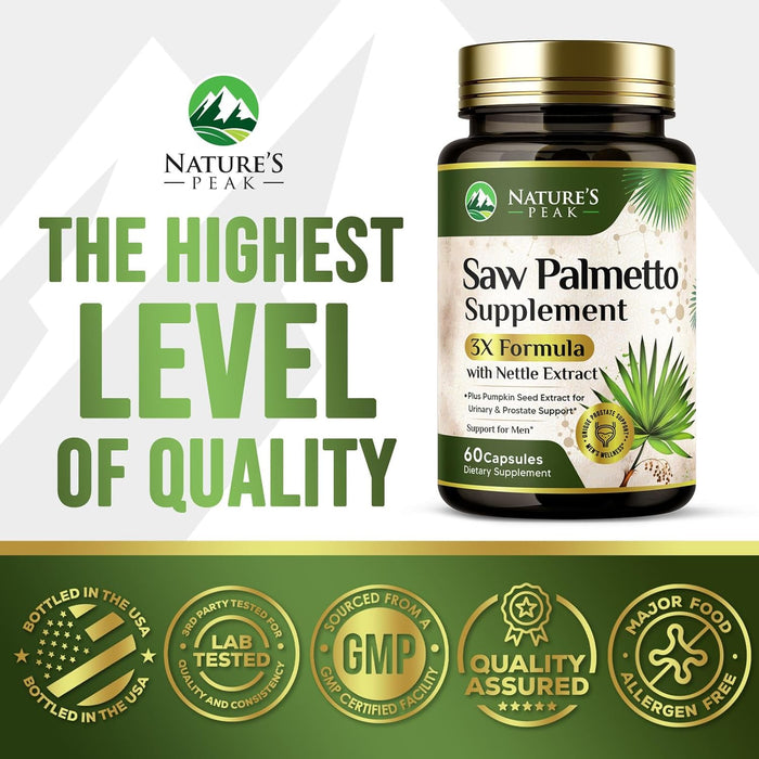Saw Palmetto for Men Prostate Supplement - Potent 3X Formula with Stinging Nettle + Pumpkin Seed Extract for Men's Health, Herbal Prostate Supplement for Urinary Support, Bottled in USA