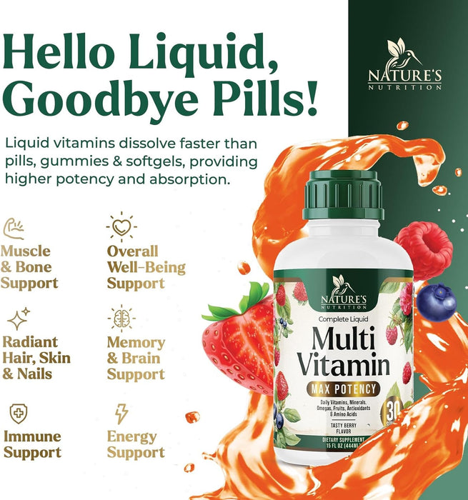 Nature's Multivitamin for Women | Men & Kids | Daily Liquid Multi Vitamin & Minerals with Vitamins A, C, D, E, B-6 & B-12, Womens Beauty Multivitamins & Adults Immune Support, Berry Flavor - 15 Fl Oz
