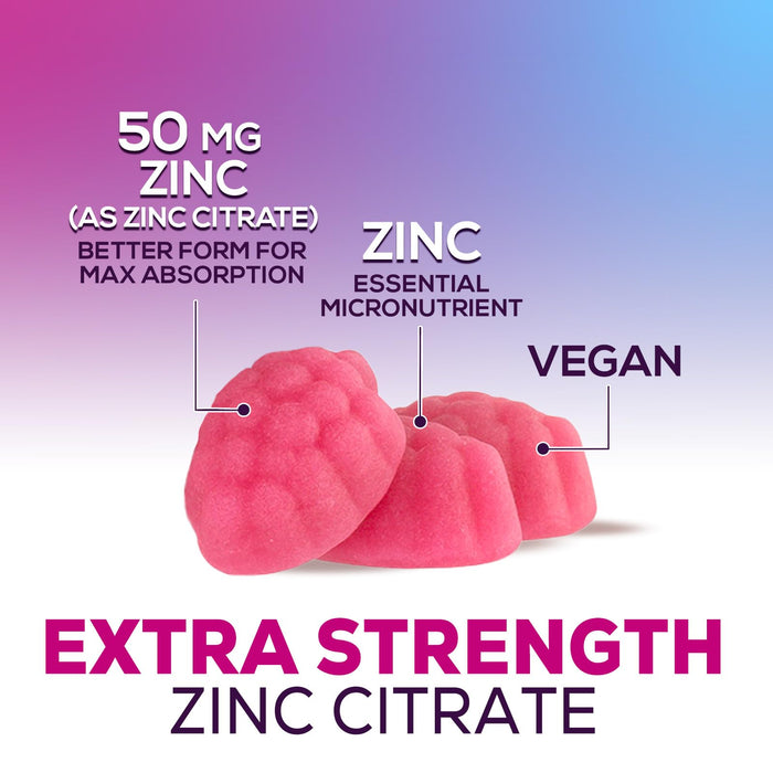 Zinc Supplement 50mg Gummies for Adults - Max Strength Skin Health & Immune Support Gummy, Vegan, Non-GMO & Gluten Free, Nature’s Antioxidant & Bone Health Chewable Tasty Berry Flavor - 60 Gummies