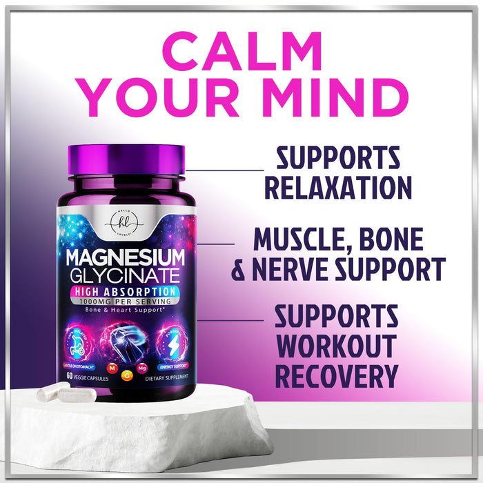 Magnesium Glycinate 1000mg | High Absorption | Chelated to Support Bone, Muscle, Nerves & Heart Health | Natural Sleep & Stress Support Women & Men | Vegan, Gluten & Soy Free, Non-GMO | 60 Capsules