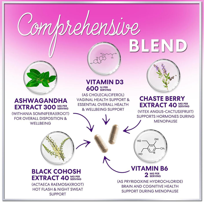 Menopause Supplements for Women - Complete Hot Flash Night Sweats & Menopause Relief Pills, Probiotics with Dong Quai & Black Cohosh for Vaginal, Digestive Support - 60 Capsules