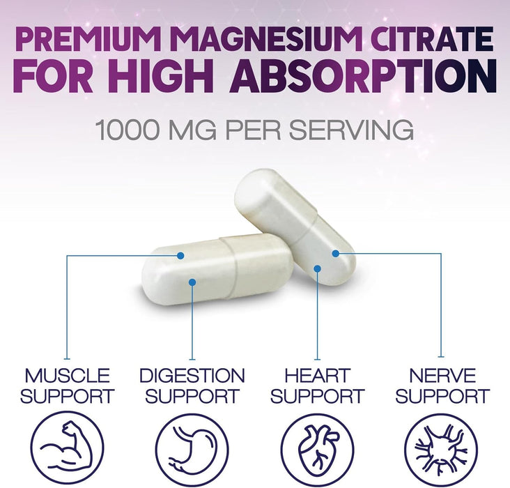 Magnesium Citrate 1000mg - Max Strength Magnesium Capsules for Muscle, Nerve, Bone and Heart Health Support, Natural Sleep Support, High Absorption Citrate Oxide Powder Complex