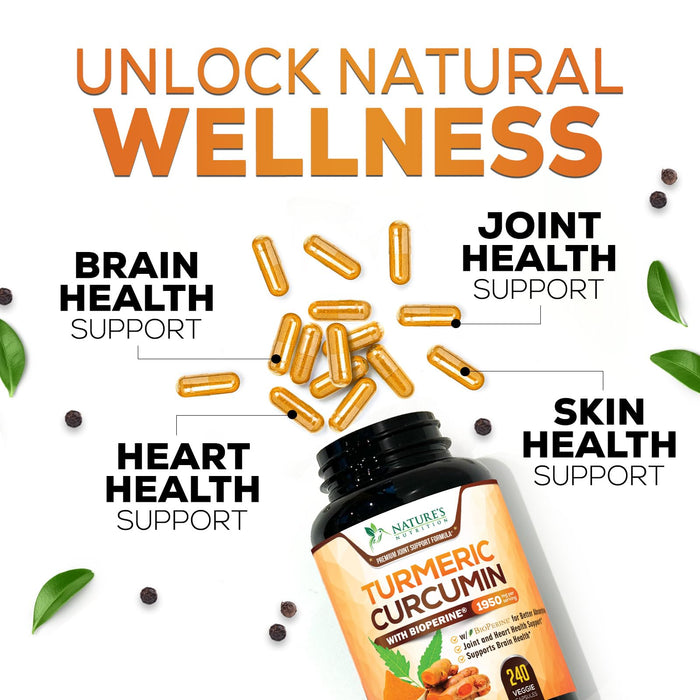 Turmeric Curcumin Supplement 1950mg - 95% Curcuminoids with Organic Turmeric & BioPerine Black Pepper Extract for Best Absorption, Nature's Vegan Joint Support, Non-GMO, Bottled in USA - 240 Capsules